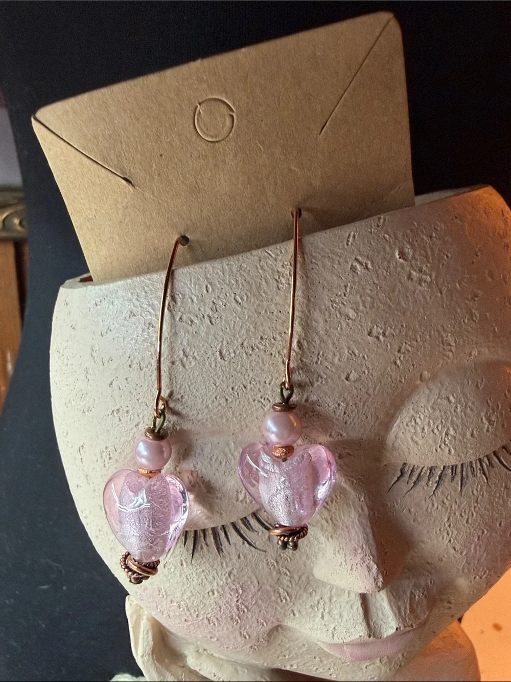 Handmade Pink Heart Glass Drop Earrings